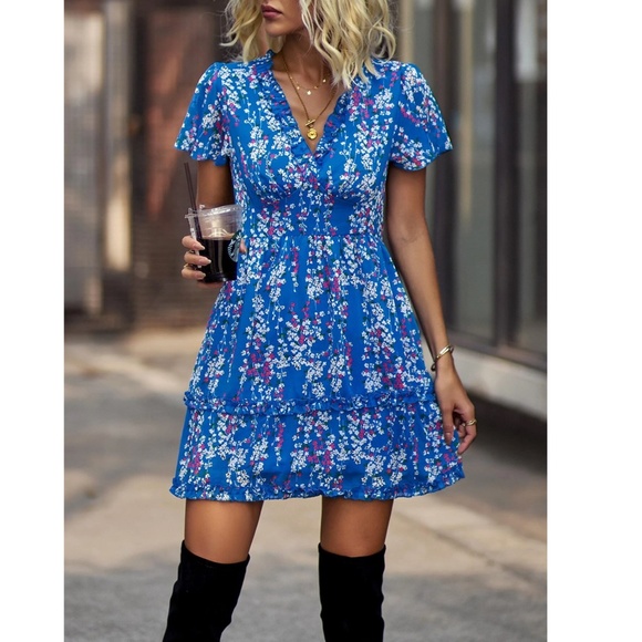 Floral Royal Blue Dress Summer V-Neck Short Mini - Picture 6 of 7